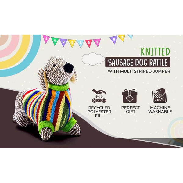 Sausage Dog Baby Rattle with Rainbow Stripe Jumper Knitted