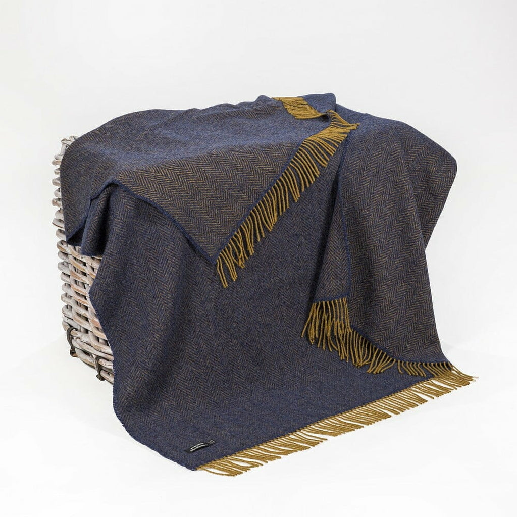 Luxury Cashmere Throw - Mustard & Midnight Blue Herringbone-Nook & Cranny Gift Store-2019 National Gift Store Of The Year-Ireland-Gift Shop
