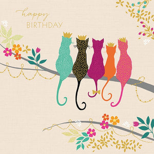 Cats with crowns on branch... Happy Birthday card (blank inside)-Nook & Cranny Gift Store-2019 National Gift Store Of The Year-Ireland-Gift Shop